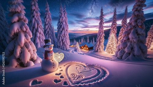 Snow-covered landscape with a smiling snowman, heart-shaped message in the snow, glowing cabins, and starry sky at sunset.
