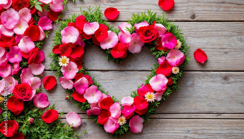 Heart-Shaped Floral Arrangement with Rose Petals on Wooden Background  