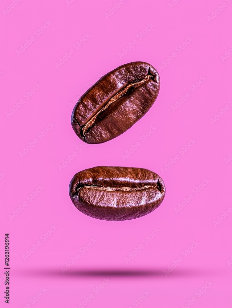 Two coffee beans suspended in mid-air against a vibrant pink background. Two coffee beans suspended in mid-air against a vibrant pink background.