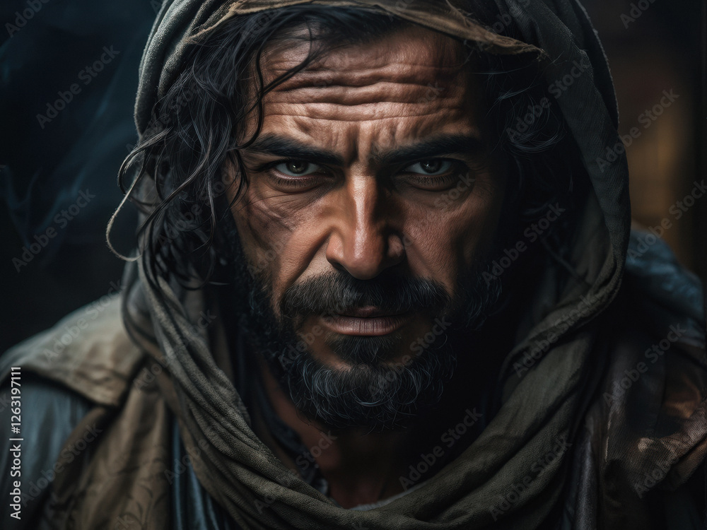 A hardened outlaw with piercing eyes and a rugged appearance stares intensely, exuding danger and mystery. A cinematic, dramatic portrait. Generative AI A hardened outlaw with piercing eyes and a rugged appearance stares intensely, exuding danger and mystery. A cinematic, dramatic portrait. Generative AI