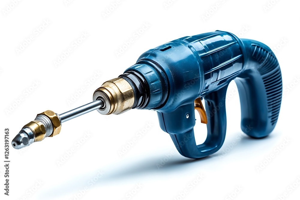 Blue electric drill with long metal bit, isolated on white background. Blue electric drill with long metal bit, isolated on white background.