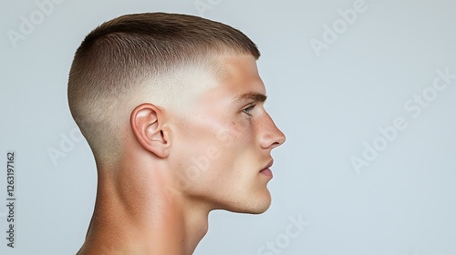 Profile view of young Caucasian male with modern fade haircut against light background, showcasing contemporary men's hairstyle and grooming trends.