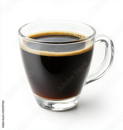 A freshly brewed cup of espresso in a clear glass, with a rich and aromatic dark coffee topped with a smooth layer of foam. Perfect for coffee enthusiasts.