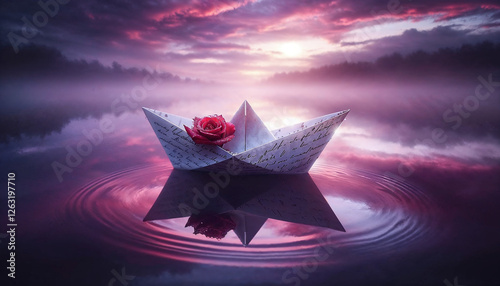 Paper Boat with Love Letter and Rose Floating on a Dreamy Lake 