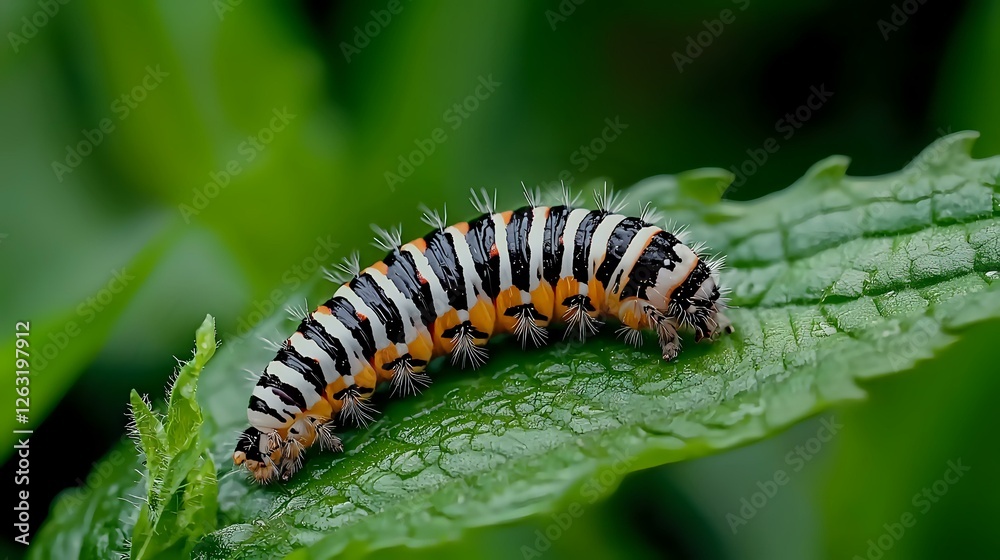 Striped black and white caterpillar with orange spots crawling on textured green leaf in macro photography, showing detailed markings and segments of larval stage. Striped black and white caterpillar with orange spots crawling on textured green leaf in macro photography, showing detailed markings and segments of larval stage.