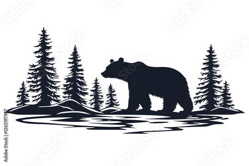 Majestic Bear Silhouette: A powerful bear silhouette stands majestically by a tranquil lake, surrounded by tall pine trees. This striking graphic evokes a sense of wilderness and solitude.