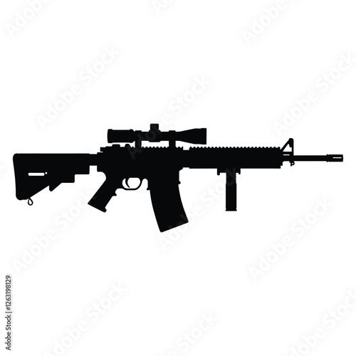 Black Silhouette of an Assault Rifle with Scope on White Background