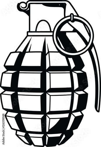 Detailed Black and White Illustration of a Hand Grenade with Safety Pin