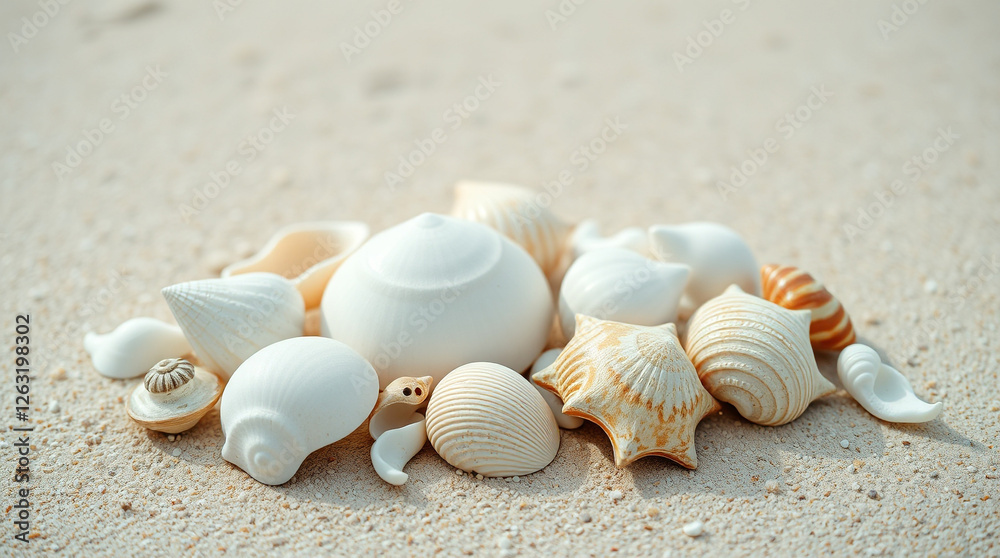 A collection of various sea shells scattered on sandy beach texture – Generative AI A collection of various sea shells scattered on sandy beach texture – Generative AI