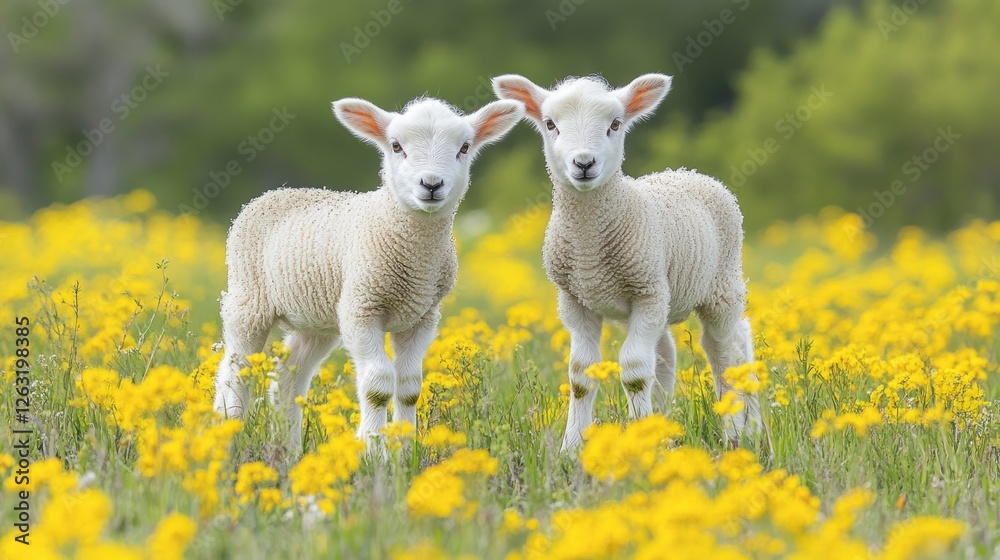 Two adorable lambs in a field of yellow flowers Two adorable lambs in a field of yellow flowers