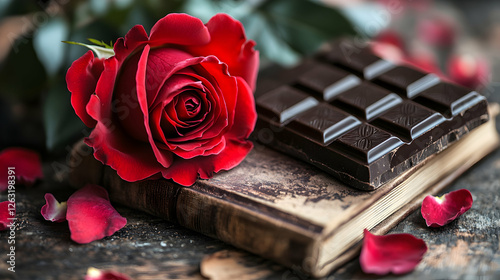 Romantic red rose, dark chocolate bar, antique book, petals, wooden background; Valentine's Day gift photo