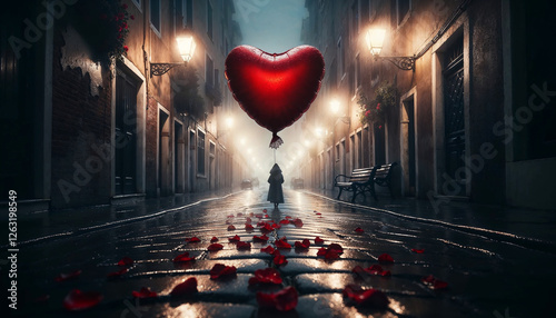 A lone figure walks down a misty cobblestone street at night, holding a red heart balloon, with rose petals scattered on the ground. 