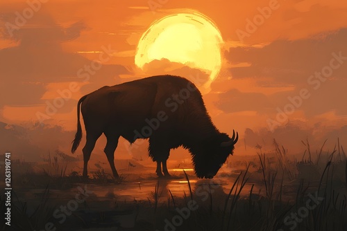 Silhouette Bison Sunset: A majestic bison silhouetted against a vibrant sunset, drinking from a tranquil pool of water. The large, fiery sun dominates the sky, creating a dramatic and evocative scene.