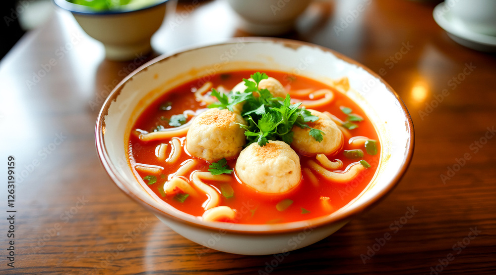 aromatic tomato soup with meatballs and pasta in a bowl aromatic tomato soup with meatballs and pasta in a bowl