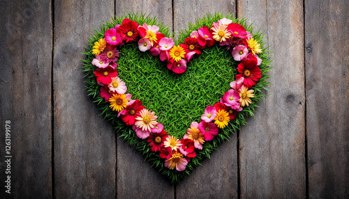 Heart-shaped grass and flower arrangement on rustic wooden background  