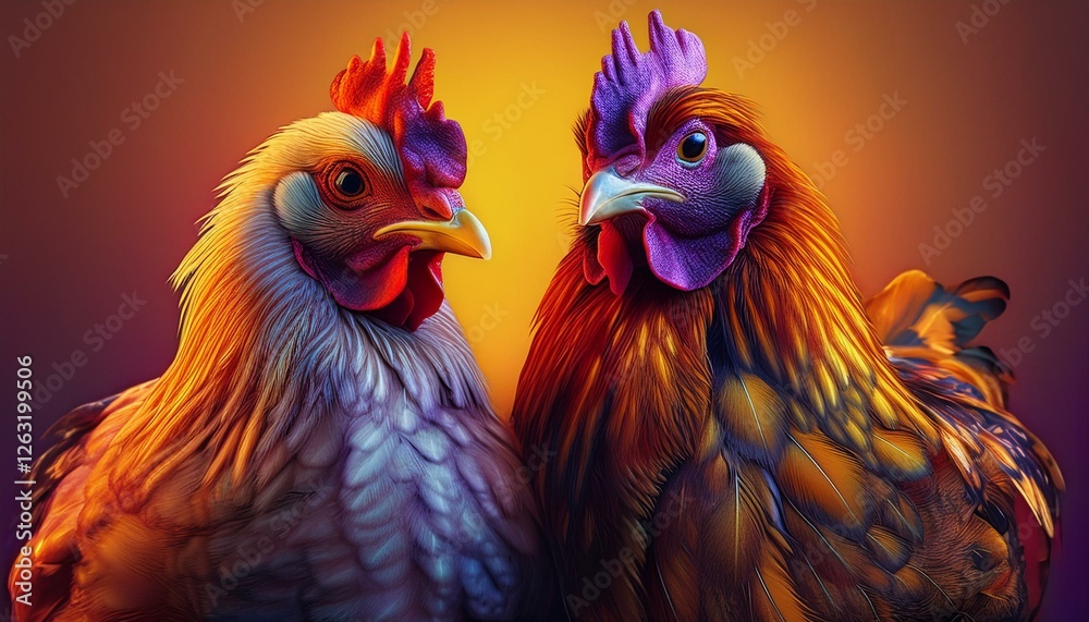 Fototapeta premium Close-up portrait of two chickens staring intensely, International Respect for Chickens Month, wallpaper
