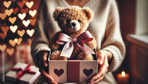 Romantic teddy bear gift with ribbon in a cozy setting