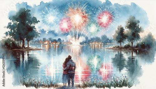 Romantic Couple Watching Fireworks Over a Serene Lake – Watercolor Illustration
