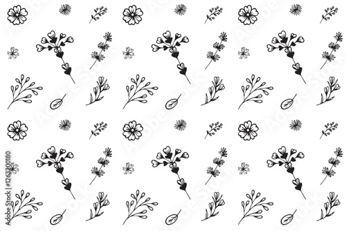 Seamless hand-drawn pattern with flowers and twigs in doodle style on white background. Vintage floral pattern with botanical elements for postcards, wrapping papper, textile. Vector illustration. 