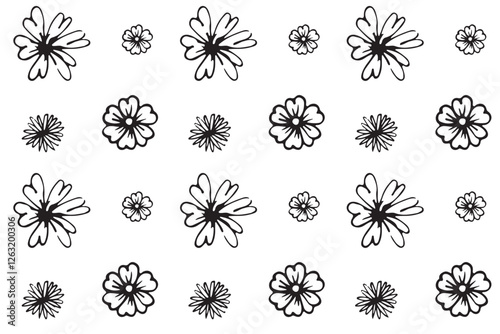 Seamless hand-drawn pattern with flowers and twigs in doodle style on white background. Vintage floral pattern with botanical elements for postcards, wrapping papper, textile. Vector illustration. 