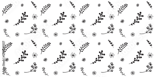 Seamless hand-drawn pattern with flowers and twigs in doodle style on white background. Vintage floral pattern with botanical elements for postcards, wrapping papper, textile. Vector illustration. 