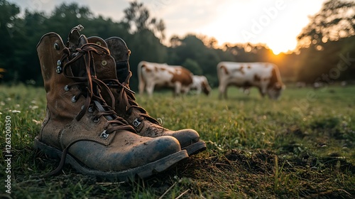 Sturdy Farm Boots with Grazing Cows photo