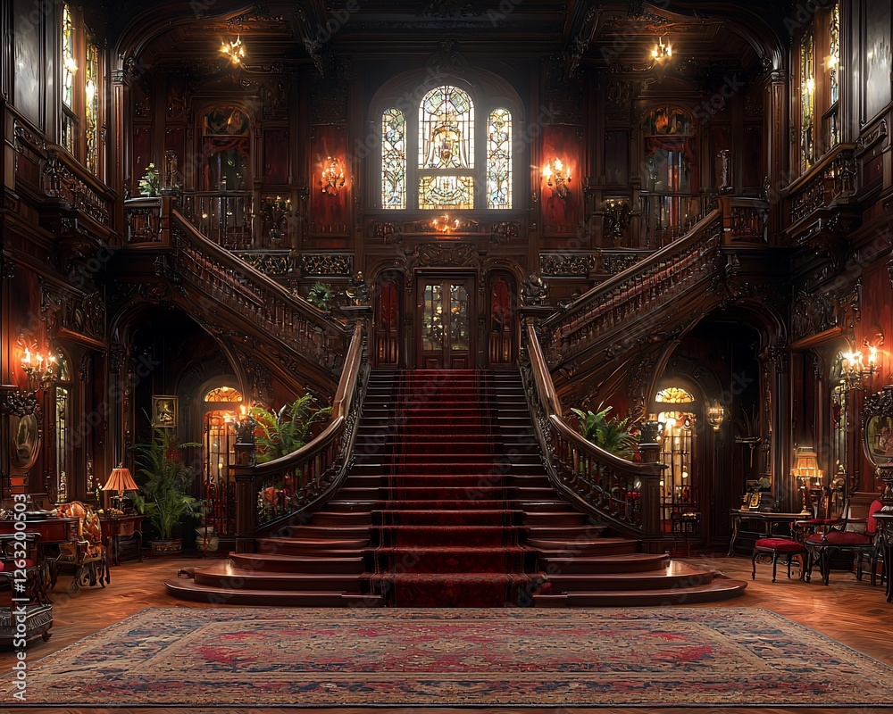 Fototapeta premium Grand mansion interior with a sweeping double staircase, stained glass window, and ornate wood detailing.
