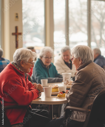 Seniors Socializing at Community Center. A warm and inviting photo depicting a group of elderly people gathered in a cozy church community hall. They are seated around tables with coffee cups and slic