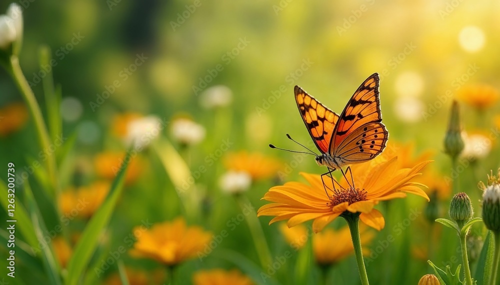 Colorful butterfly resting on a yellow flower in a sunny garden
Colorful butterfly resting on a yellow flower in a sunny garden