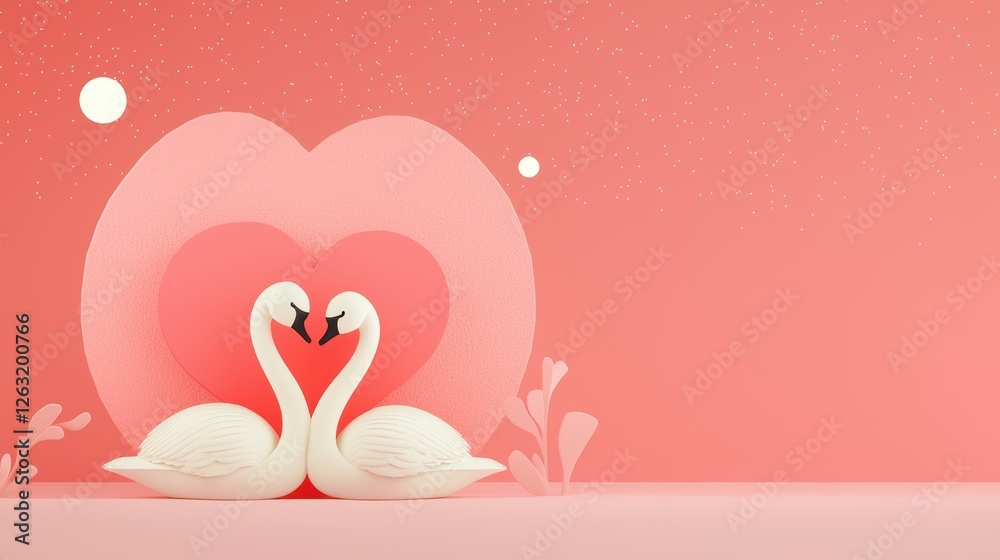 Fototapeta premium A couple of white swans embrace in a pink heart, set against a starry night sky.