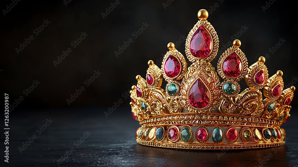 Obraz premium Ornate Gold Crown with Rubies and Emeralds on Dark Background.
