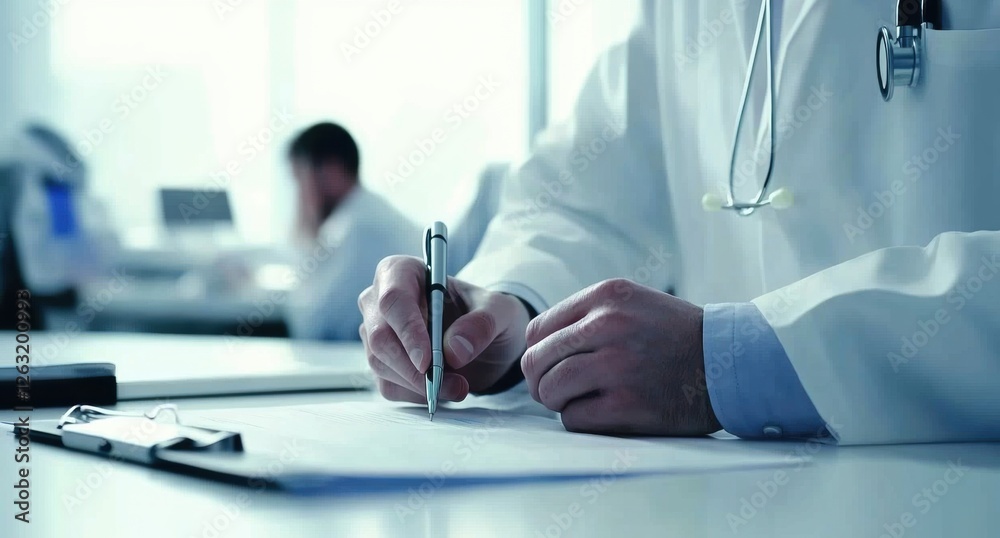 Obraz premium Close-up of a doctor's hands holding a pen, with a patient sitting at a desk in a white medical office background Generative AI