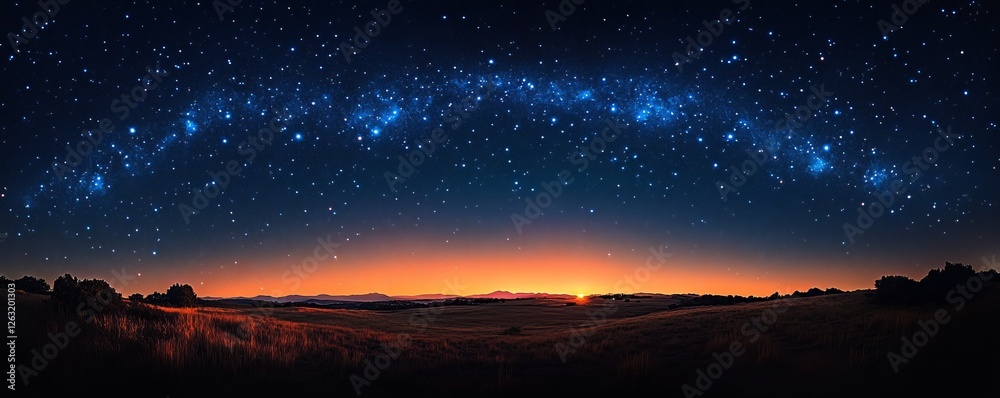 A breathtaking panoramic view of a starry night sky arching over a tranquil landscape, with a glowing horizon at dusk. A breathtaking panoramic view of a starry night sky arching over a tranquil landscape, with a glowing horizon at dusk.