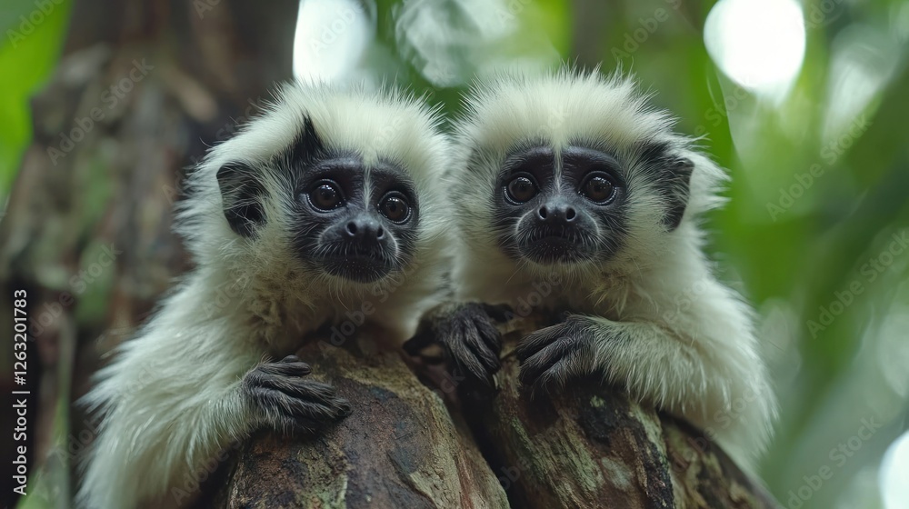 Fototapeta premium Two baby monkeys on a tree trunk in a lush jungle