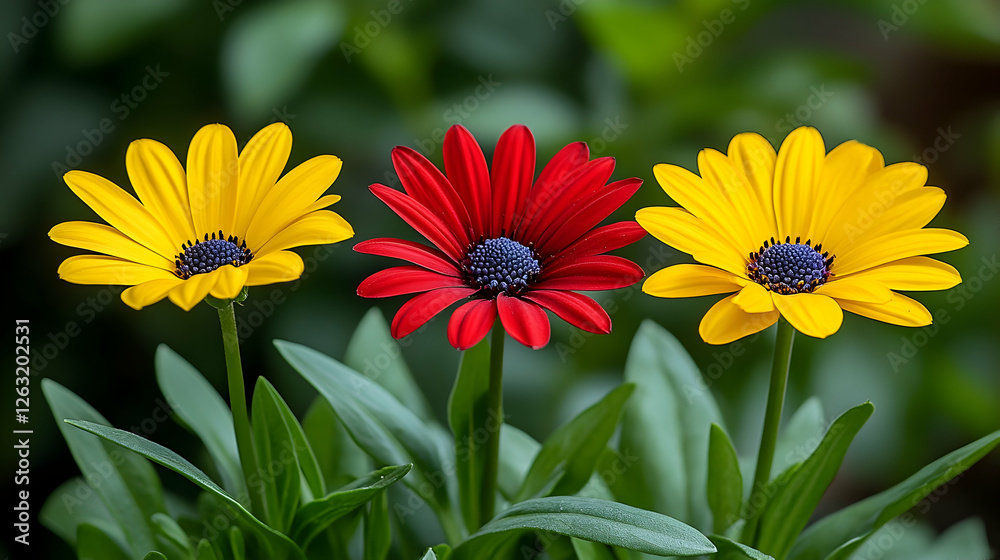 Three vibrant Osteospermum flowers, yellow and red, garden setting, nature background, floral arrangement for greeting cards Three vibrant Osteospermum flowers, yellow and red, garden setting, nature background, floral arrangement for greeting cards