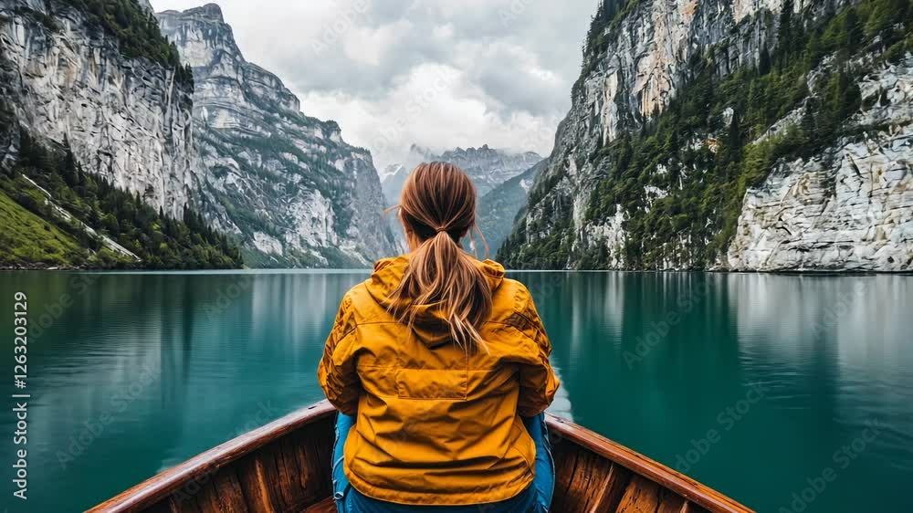 Woman rows boat, serene mountain lake, adventure travel Woman rows boat, serene mountain lake, adventure travel