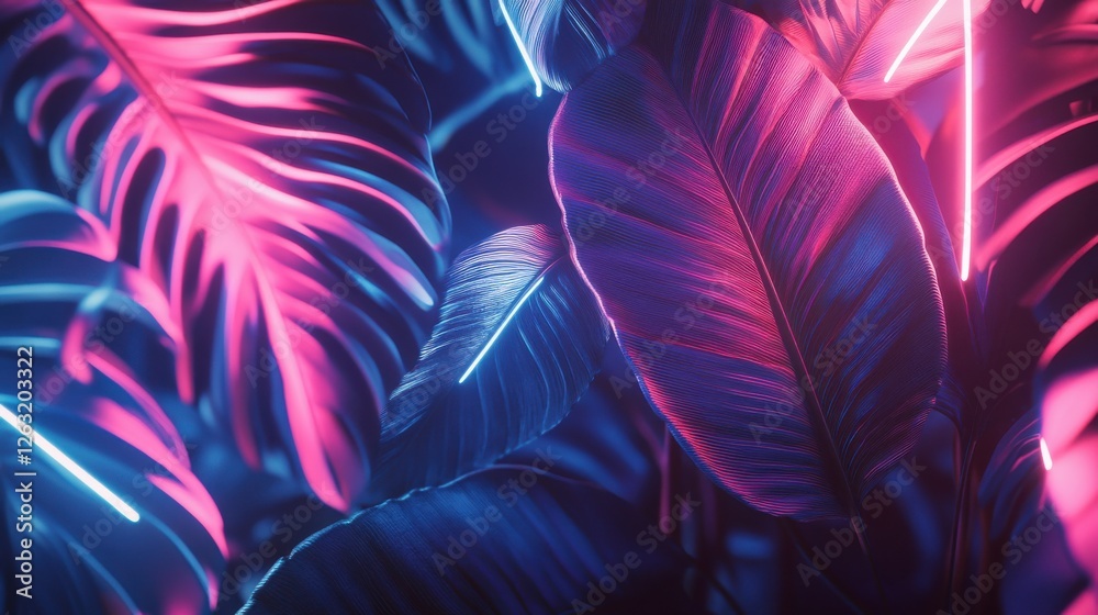 Obraz premium Creative Layout of Glowing Tropical Leaves in Neon T