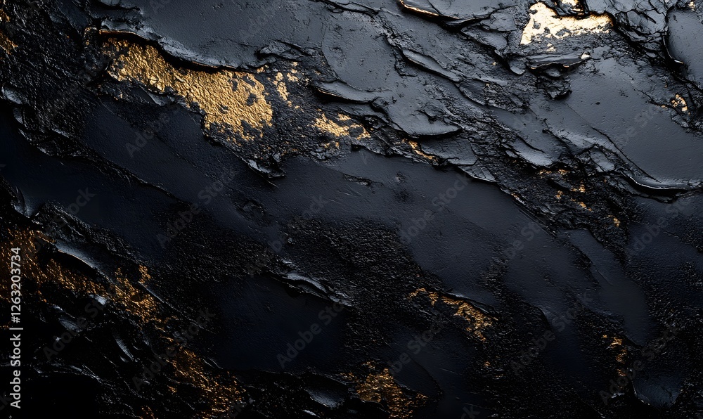 Abstract Black Textured Surface with Gold Accents and High Contrast Detailing