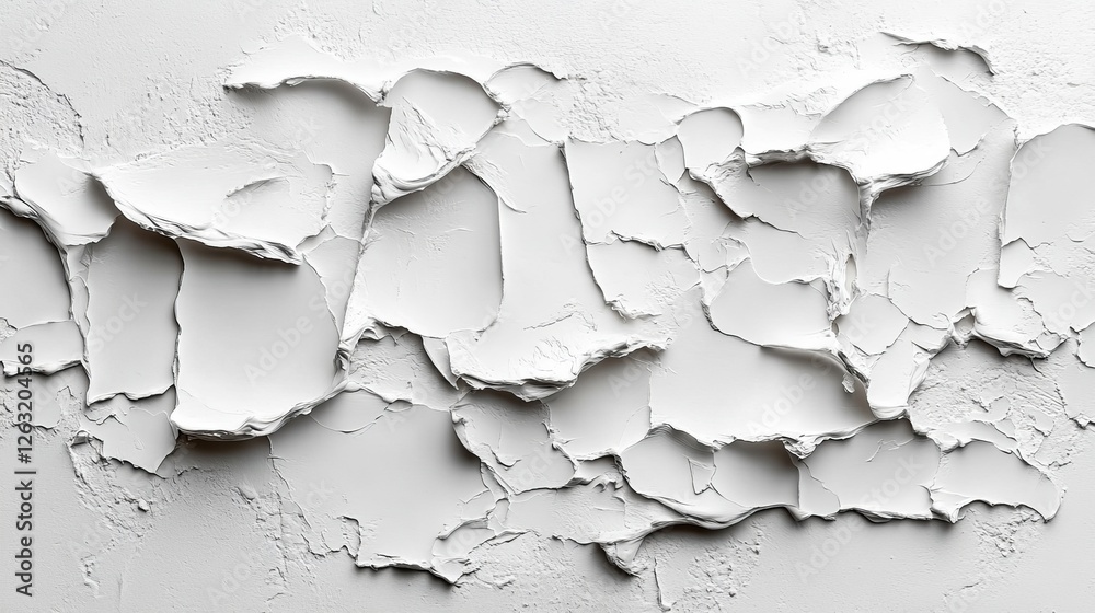 Naklejka premium A close-up of peeling white paint on a textured surface, revealing layers and a weathered appearance.
