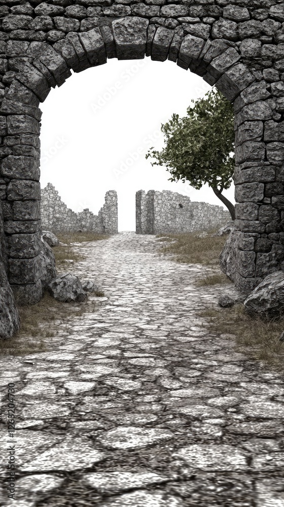 Fototapeta premium Stone archway path leads to ancient ruins, tree background; travel, history
