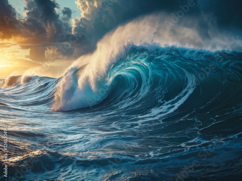 A breathtaking view of massive ocean waves crashing under a dramatic sky. The golden sunlight highlights the water's raw power. Generative AI