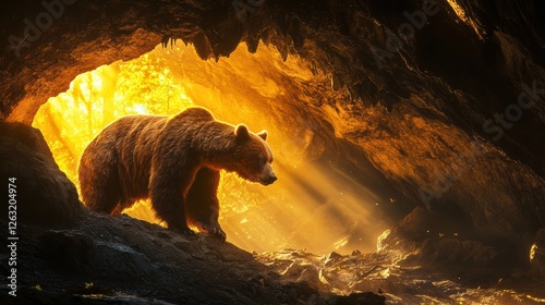 Brown bear emerging from a cave at dawn