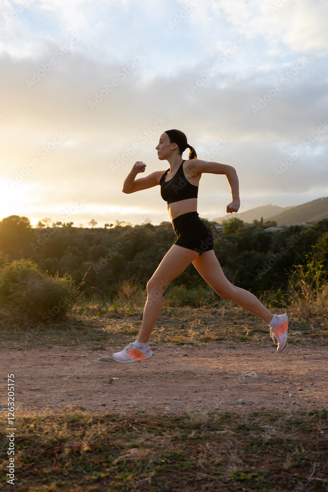 Girl running on the mountain at sunset. Copy space. Girl running on the mountain at sunset. Copy space.