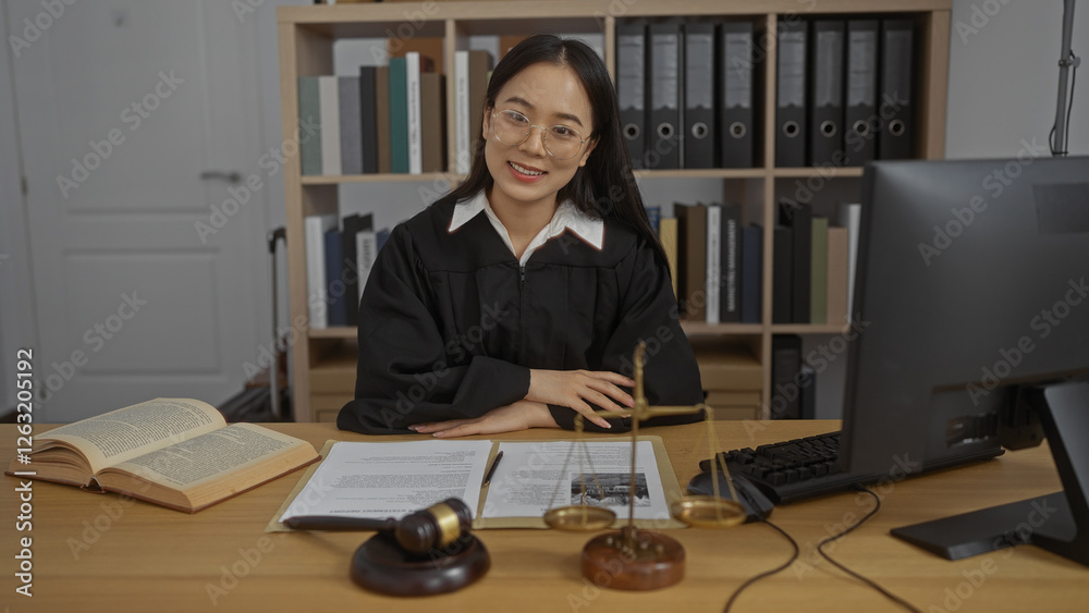 Young asian woman in a judge's robe sitting at an office desk with law books and scales, embodying professionalism and authority in a workplace setting Young asian woman in a judge's robe sitting at an office desk with law books and scales, embodying professionalism and authority in a workplace setting