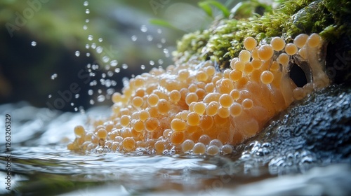 Fish eggs are clustered in a natural habitat, resting on a damp surface. The delicate textures of the eggs sparkle in the soft light, surrounded by lush greenery and water droplets.