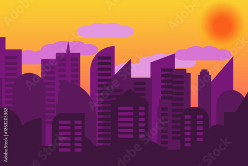 Cityscape. Vector illustration of a city, metropolis with beautiful tall buildings, skyscrapers in the background.