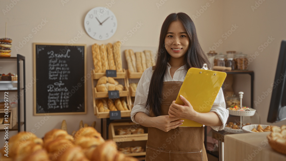 © Krakenimages.com - Young chinese woman stands in a bakery holding a clipboard, showcasing various breads and pastries with a chalkboard menu and clock in the background.