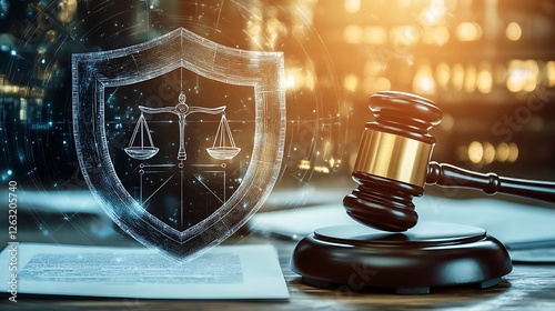 Gavel, legal document, and digital shield symbolizing legal protection and justice.