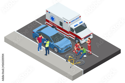 An isometric, vector illustration of a traffic accident involving a car and a bicycle. Paramedics assist the injured cyclist while a police officer questions the driver.