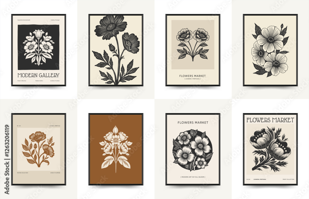 Abstract linocut floral posters template. Modern trendy minimal style. Black and white colors. Botanical blockprint. Hand drawn design for wallpaper, wall decor, print, postcard, cover, template. Abstract linocut floral posters template. Modern trendy minimal style. Black and white colors. Botanical blockprint. Hand drawn design for wallpaper, wall decor, print, postcard, cover, template.
